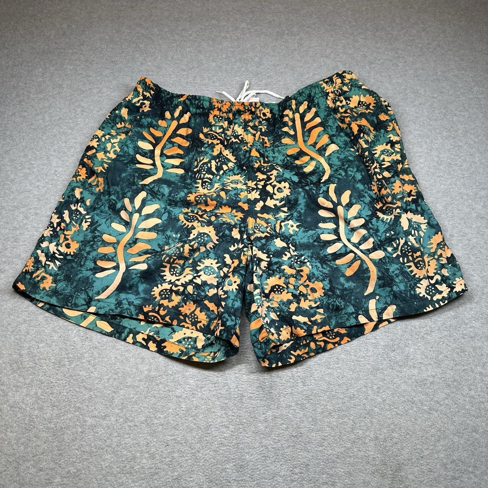 Vintage 90s TYR Swim‎ Shorts Mens XL Batik Green Orange Floral Pockets Lined